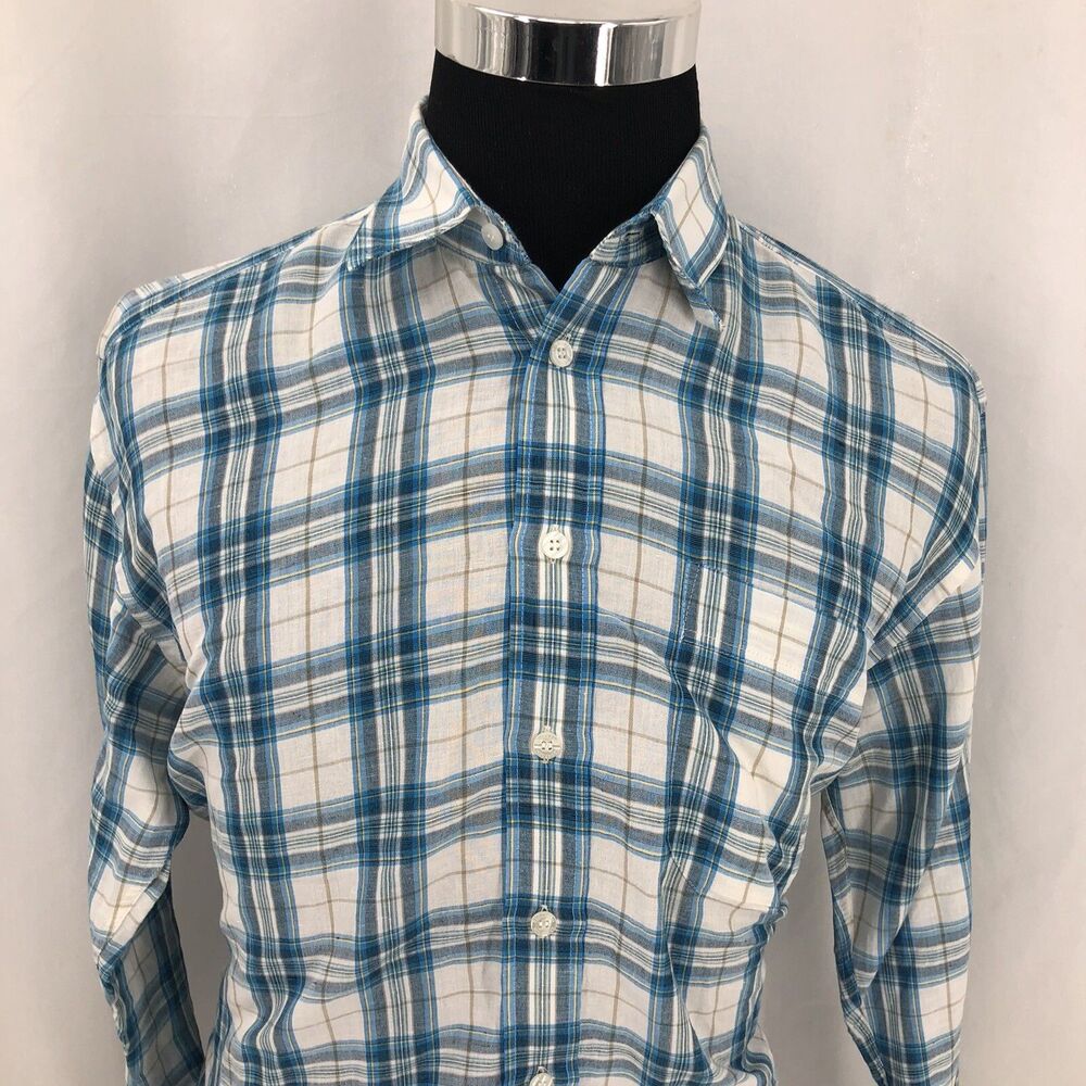 Redgreen Blue White Plaid Button Up Long Sleeve Linen Shirt Medium